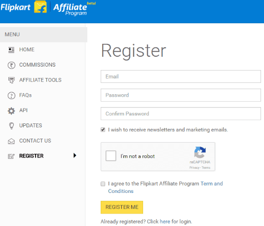 Flipkart Affiliate Program Register